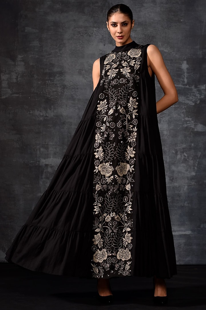 Black Cotton Silk & Cotton Embroidered Maxi Party Wear Dress by Samant Chauhan at Pernia's Pop Up Shop