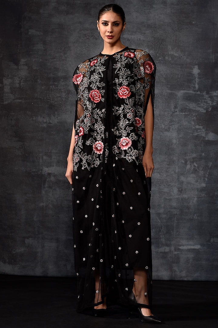 Black Net & Cotton Embroidered Cape Party Wear Dress by Samant Chauhan at Pernia's Pop Up Shop