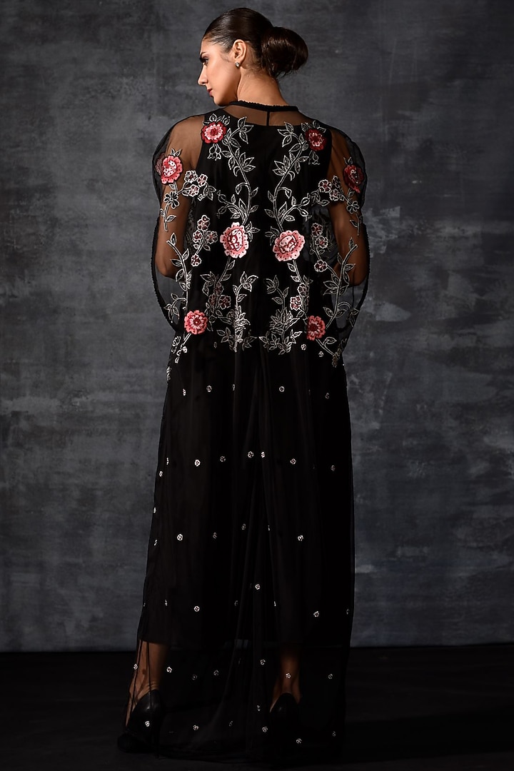 Black Net & Cotton Embroidered Cape Party Wear Dress by Samant Chauhan at Pernia's Pop Up Shop