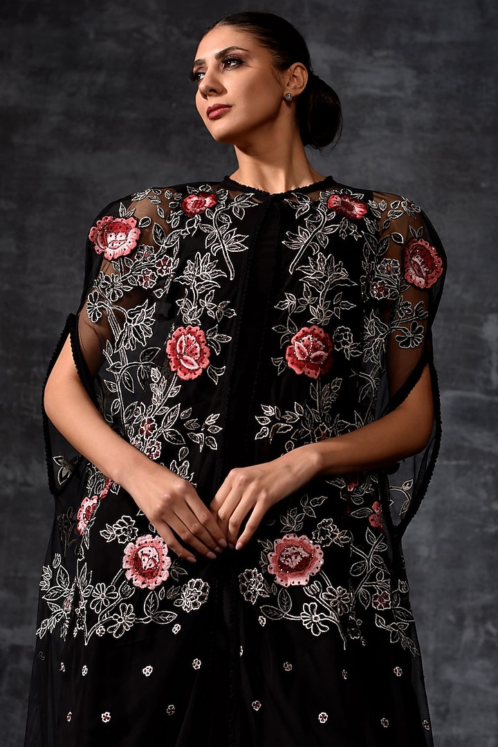 Black Net & Cotton Embroidered Cape Party Wear Dress by Samant Chauhan at Pernia's Pop Up Shop
