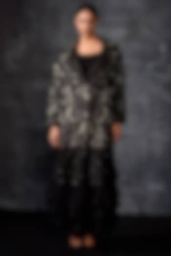 Black Linen Silk Embroidered Jacket Party Wear Dress by Samant Chauhan at Pernia's Pop Up Shop