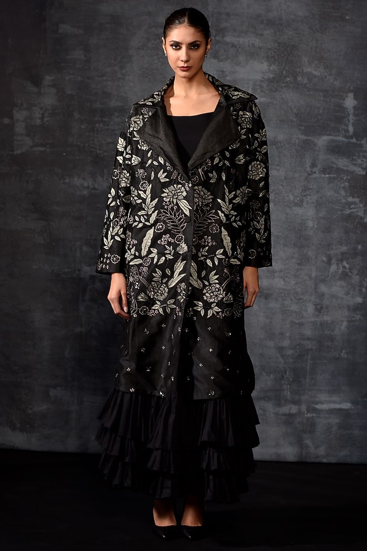 Black Linen Silk Embroidered Jacket Party Wear Dress by Samant Chauhan at Pernia's Pop Up Shop