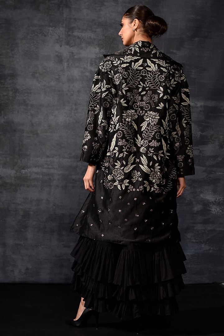 Black Linen Silk Embroidered Jacket Party Wear Dress by Samant Chauhan at Pernia's Pop Up Shop