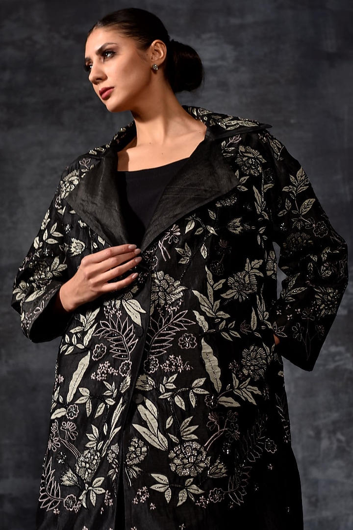Black Linen Silk Embroidered Jacket Party Wear Dress by Samant Chauhan at Pernia's Pop Up Shop