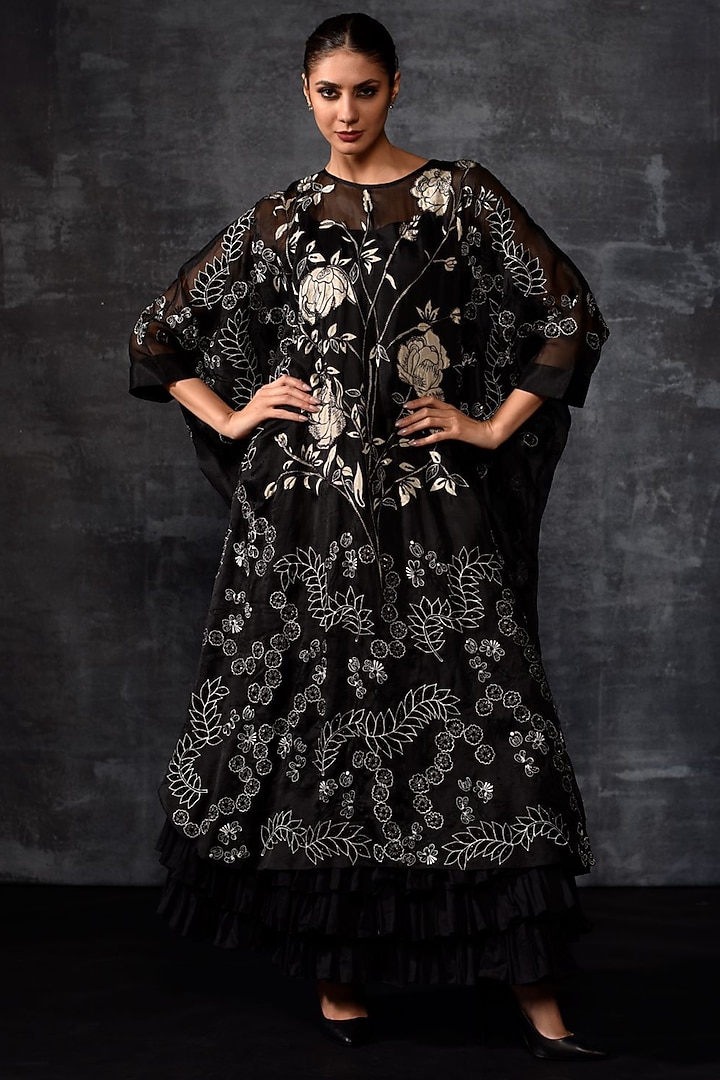 Black Organza Silk Embroidered Kaftan by Samant Chauhan at Pernia's Pop Up Shop
