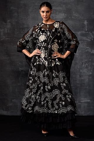 Black Organza Silk Embroidered Kaftan by Samant Chauhan
