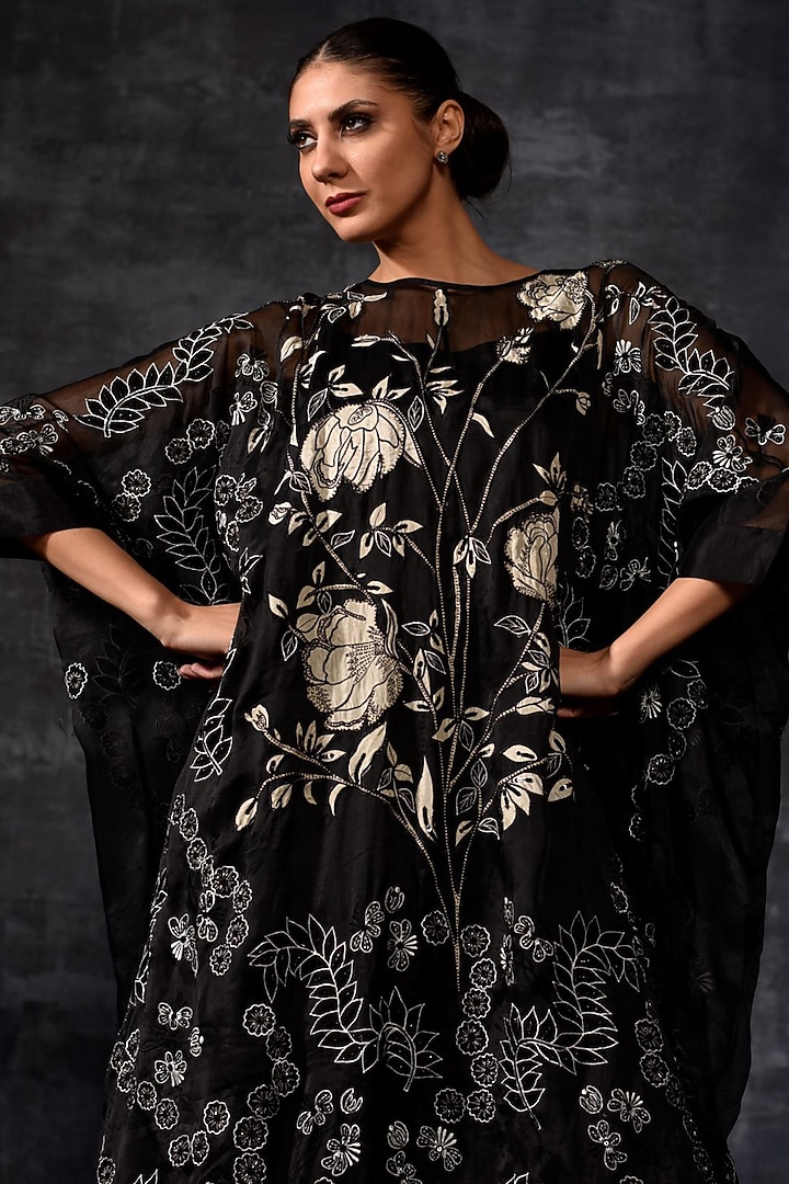 Black Organza Silk Embroidered Kaftan by Samant Chauhan at Pernia's Pop Up Shop