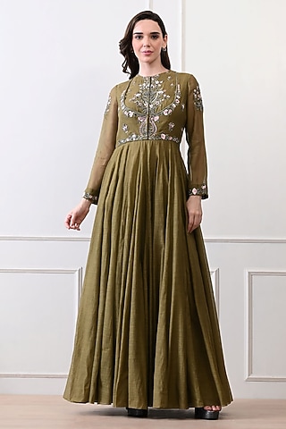 Green Organza Floral Embroidered Anarkali by Samant Chauhan
