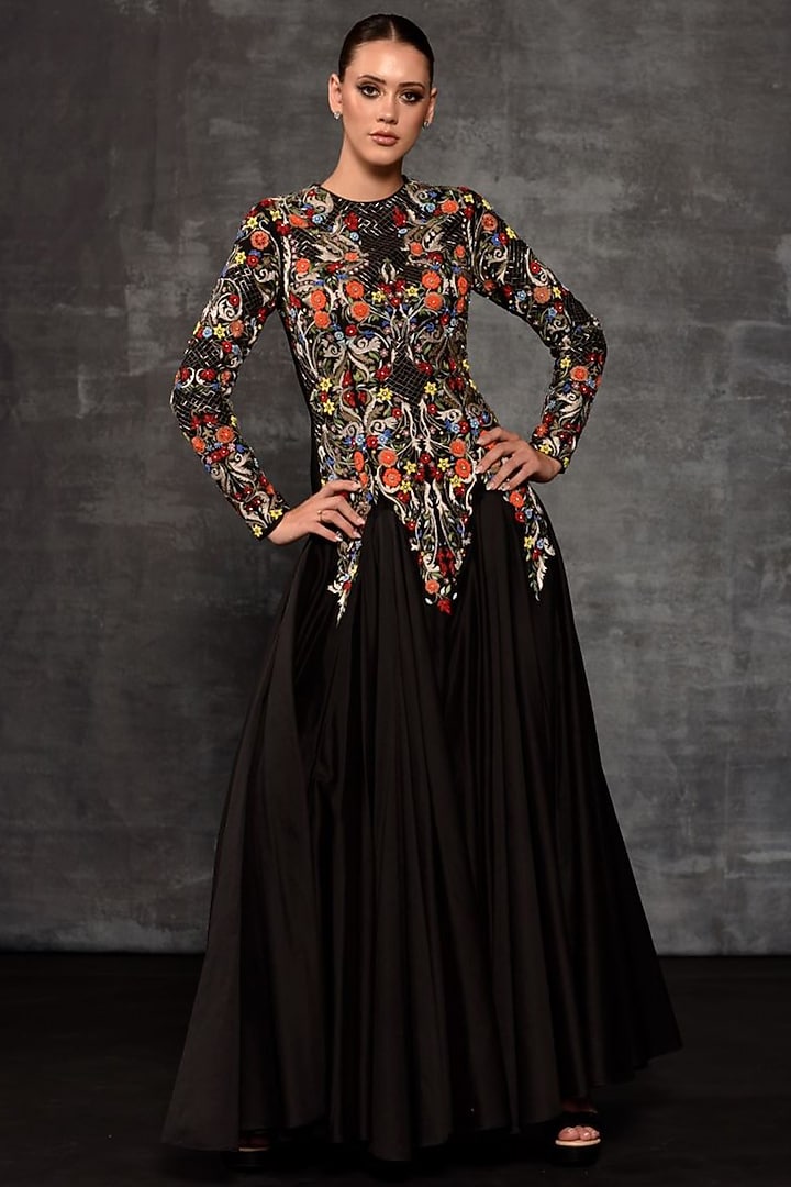 Black Cotton Silk Embroidered Wedding Gown by Samant Chauhan at Pernia's Pop Up Shop