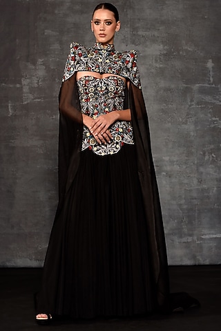 Black Cotton Silk & Organza Embroidered Gown With Cape by Samant Chauhan