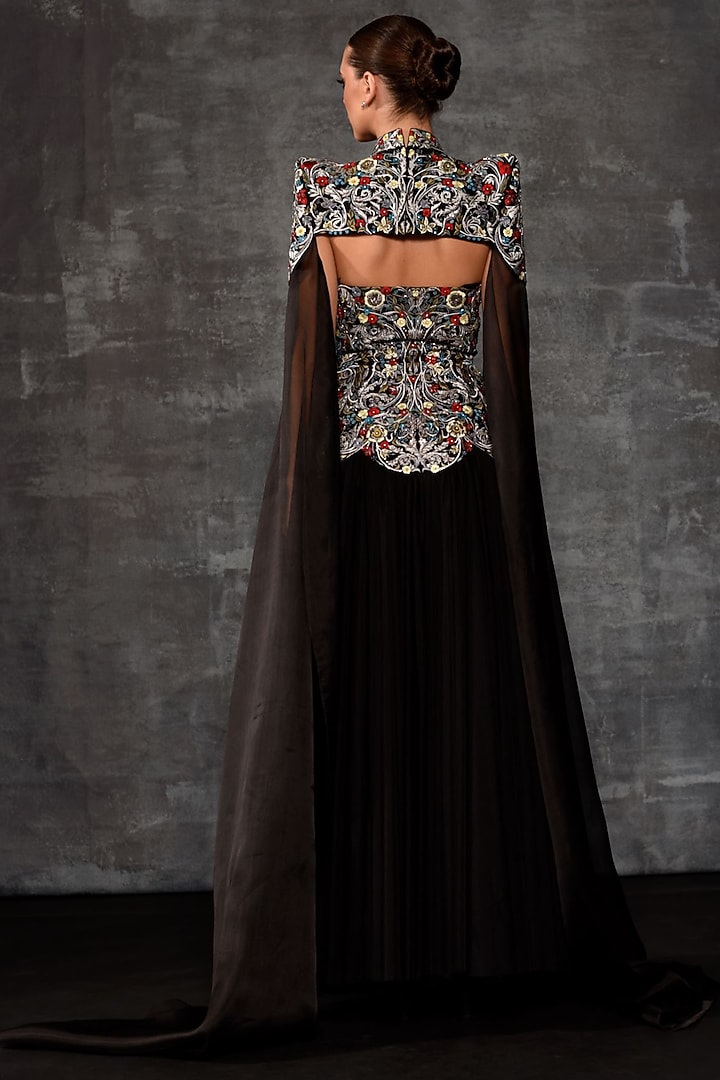 Black Cotton Silk & Organza Embroidered Wedding Gown With Cape by Samant Chauhan at Pernia's Pop Up Shop