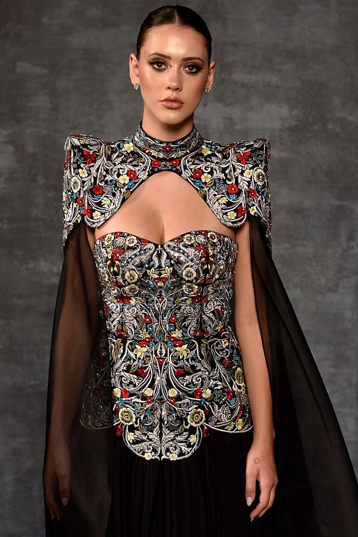 Black Cotton Silk & Organza Embroidered Wedding Gown With Cape by Samant Chauhan at Pernia's Pop Up Shop