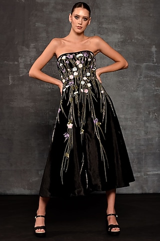 Black Velvet Embroidered Dress by Samant Chauhan