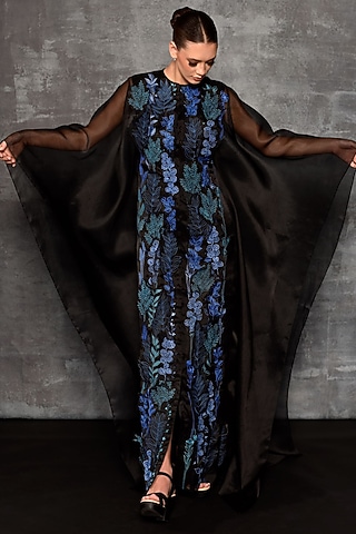 Black Organza Silk Embroidered Cape Dress by Samant Chauhan