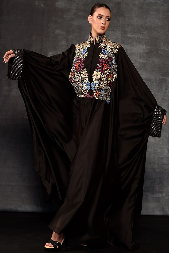 Black Cotton Silk Embroidered Kaftan by Samant Chauhan at Pernia's Pop Up Shop