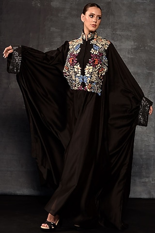 Black Cotton Silk Embroidered Kaftan by Samant Chauhan