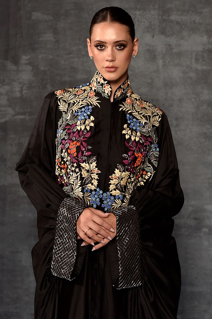 Black Cotton Silk Embroidered Kaftan by Samant Chauhan at Pernia's Pop Up Shop
