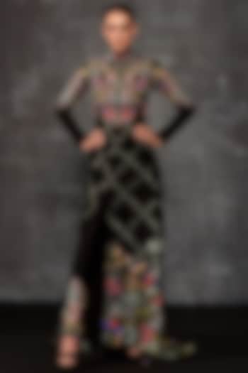 Black Cotton Silk Embroidered Jacket Set by Samant Chauhan at Pernia's Pop Up Shop