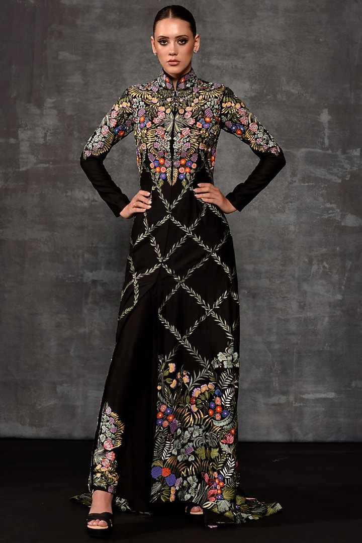 Black Cotton Silk Embroidered Jacket Set by Samant Chauhan at Pernia's Pop Up Shop