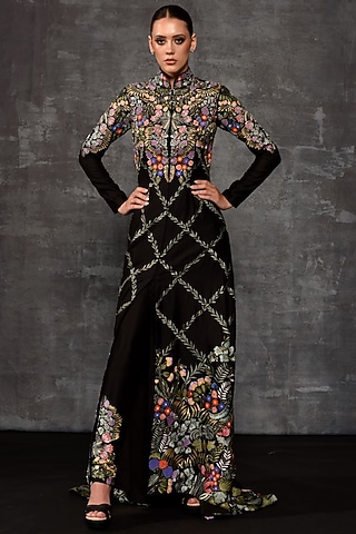 Black Cotton Silk Embroidered Jacket Set by Samant Chauhan
