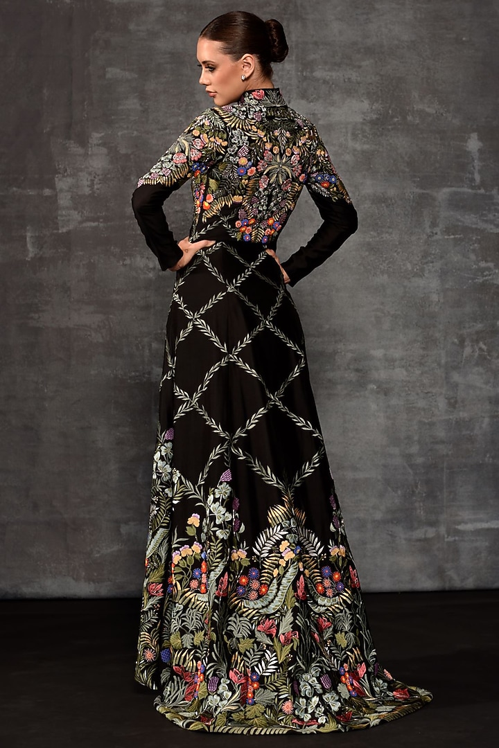 Black Cotton Silk Embroidered Jacket Set by Samant Chauhan at Pernia's Pop Up Shop