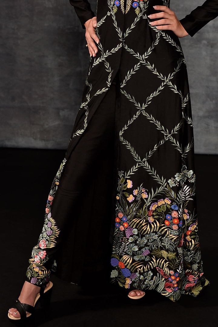 Black Cotton Silk Embroidered Jacket Set by Samant Chauhan at Pernia's Pop Up Shop