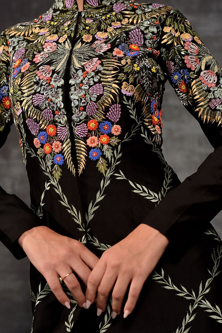 Black Cotton Silk Embroidered Jacket Set by Samant Chauhan at Pernia's Pop Up Shop