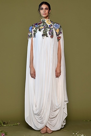 Off-White Chiffon Embroidered Kaftan Dress by Samant Chauhan