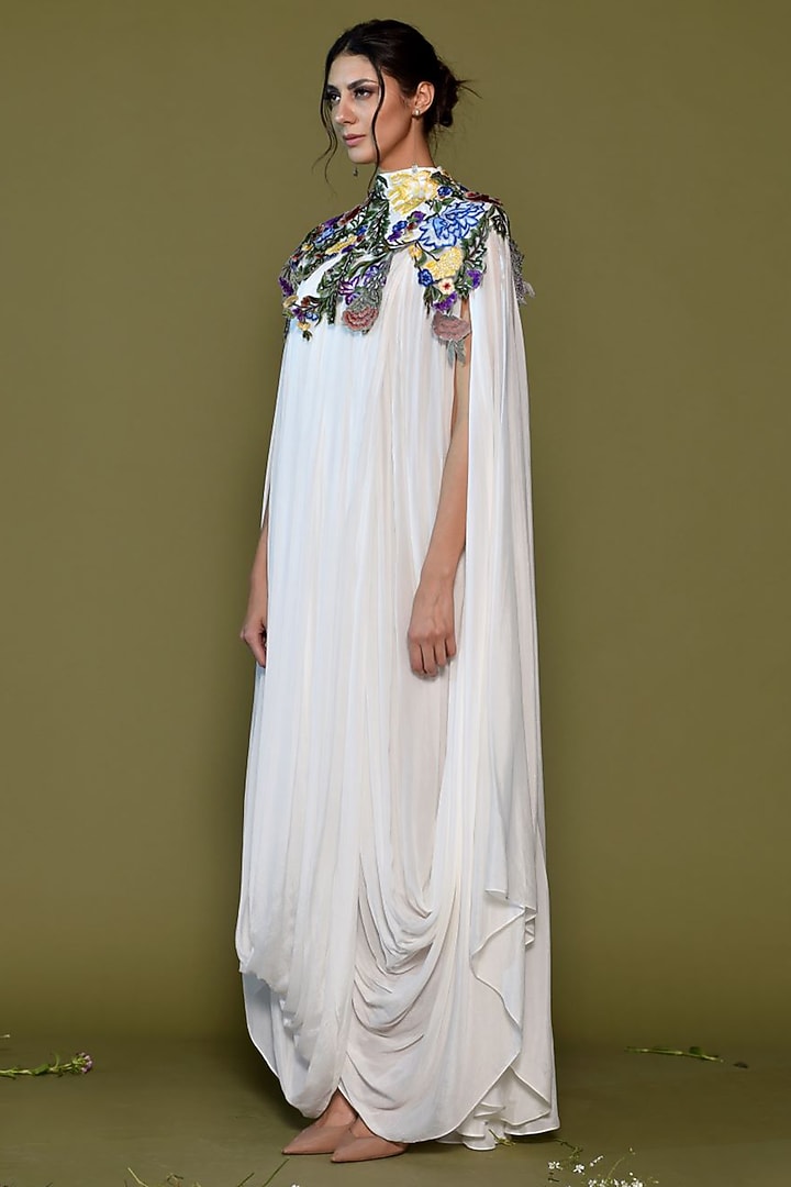 Off-White Chiffon Embroidered Kaftan Dress by Samant Chauhan at Pernia's Pop Up Shop