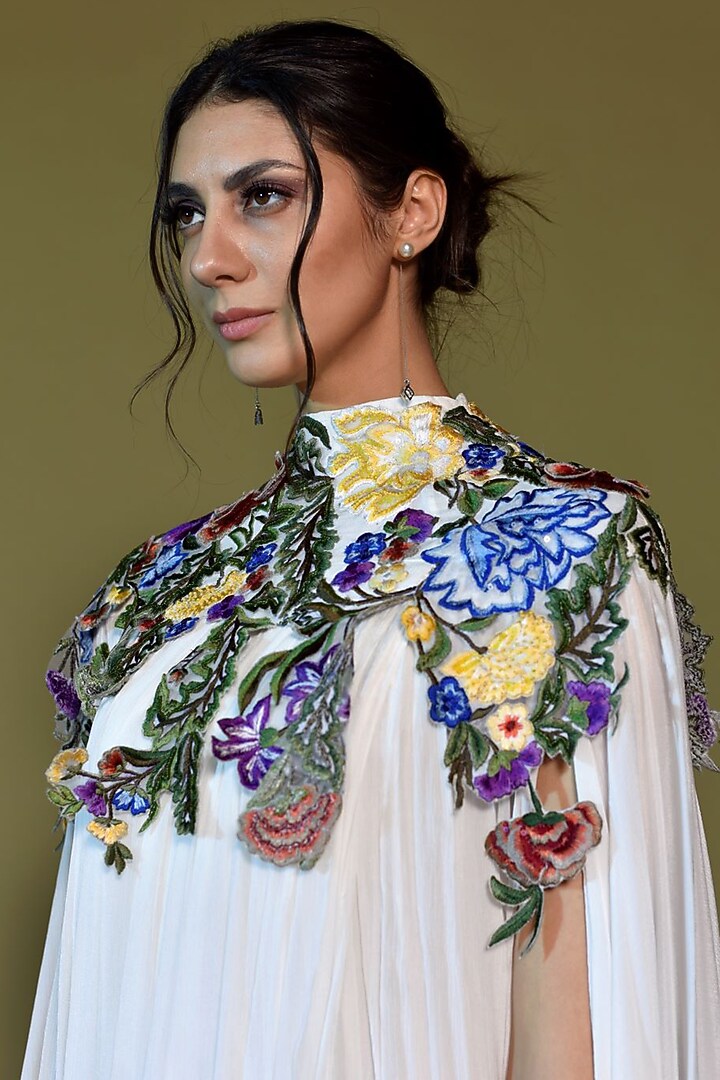 Off-White Chiffon Embroidered Kaftan Dress by Samant Chauhan at Pernia's Pop Up Shop