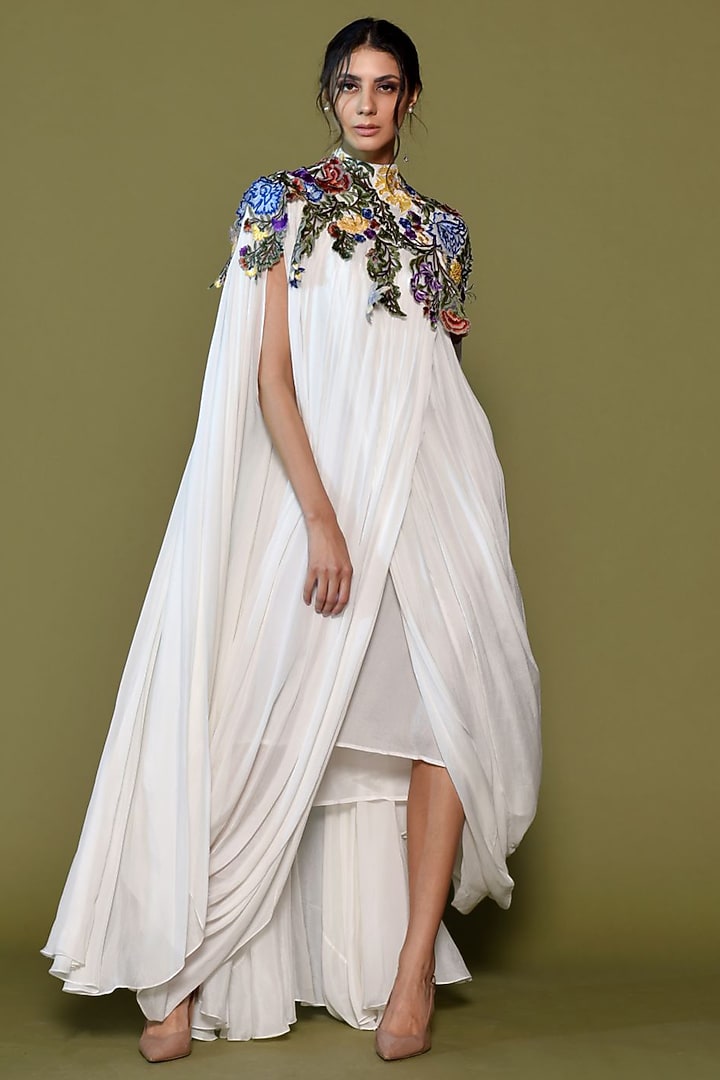 Off-White Chiffon Embroidered Kaftan Dress by Samant Chauhan at Pernia's Pop Up Shop