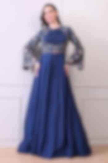 Blue Organza Floral Embroidered Wedding Anarkali by Samant Chauhan at Pernia's Pop Up Shop