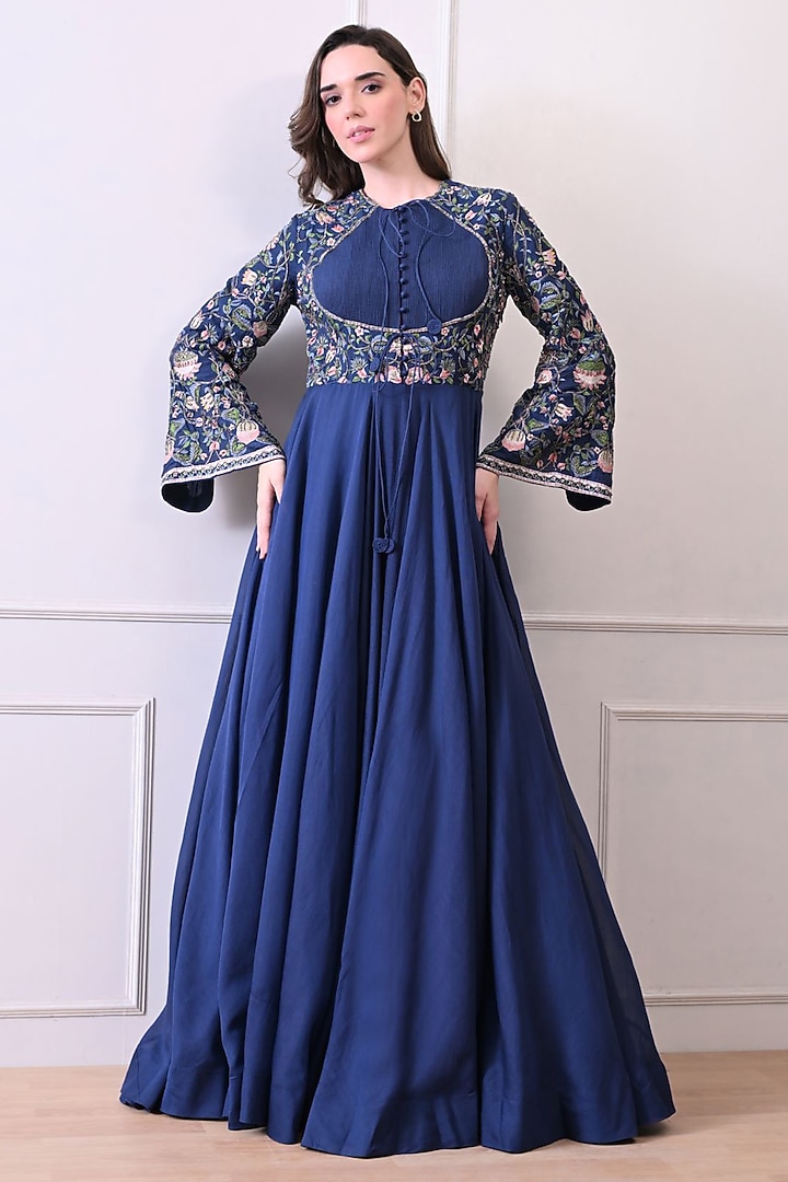 Blue Organza Floral Embroidered Wedding Anarkali by Samant Chauhan at Pernia's Pop Up Shop