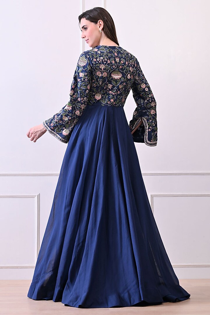 Blue Organza Floral Embroidered Wedding Anarkali by Samant Chauhan at Pernia's Pop Up Shop