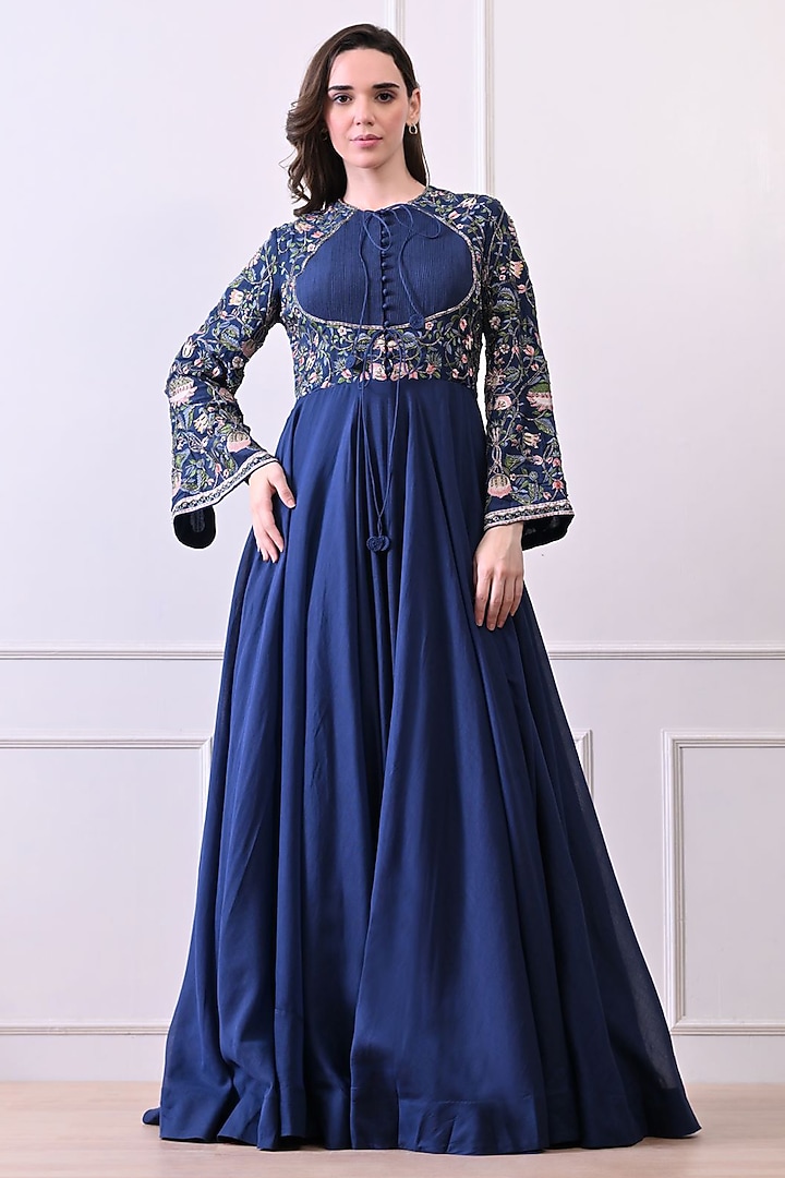 Blue Organza Floral Embroidered Wedding Anarkali by Samant Chauhan at Pernia's Pop Up Shop