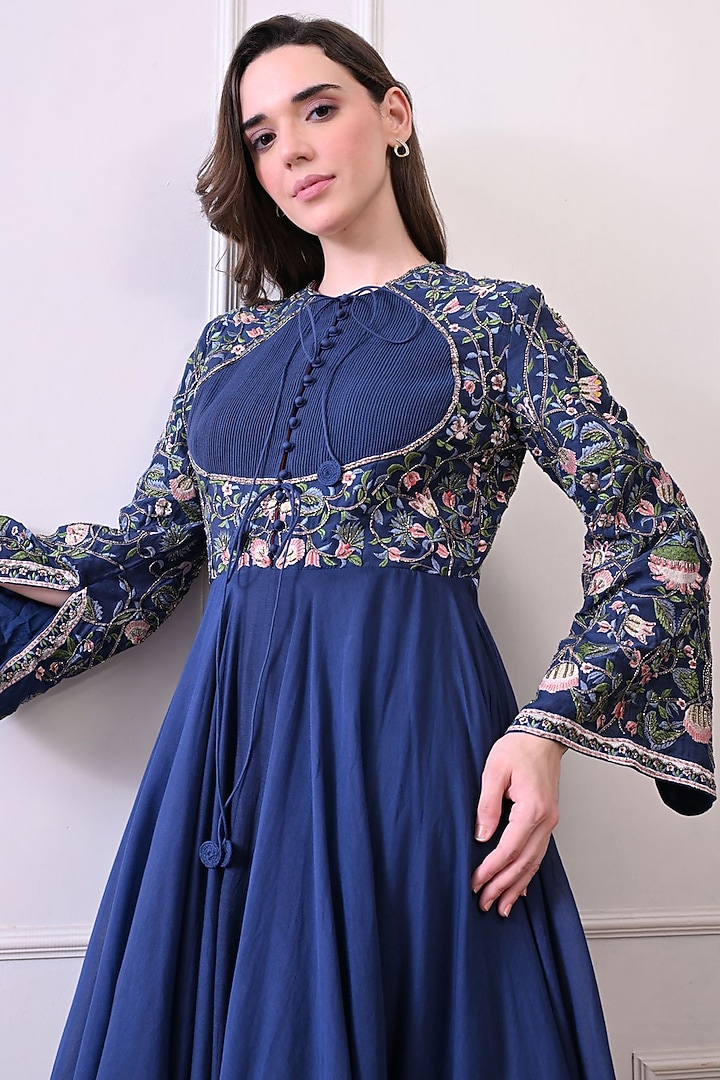 Blue Organza Floral Embroidered Wedding Anarkali by Samant Chauhan at Pernia's Pop Up Shop