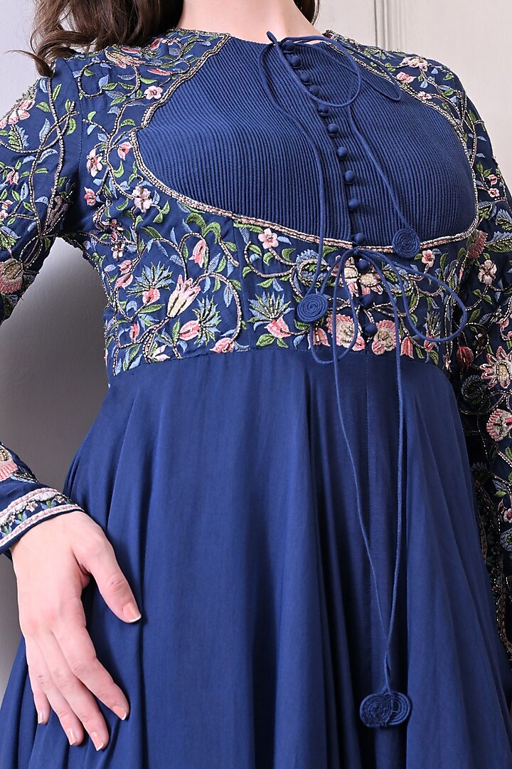 Blue Organza Floral Embroidered Wedding Anarkali by Samant Chauhan at Pernia's Pop Up Shop