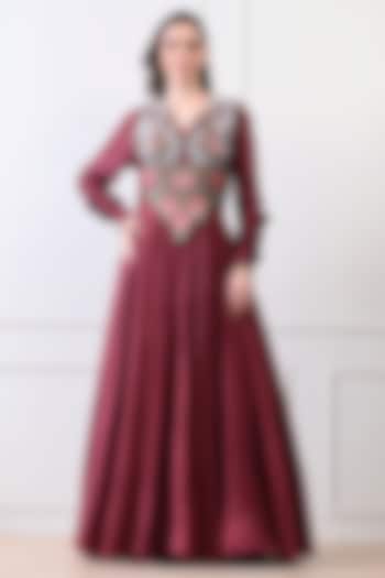 Maroon Chanderi Floral Embroidered Wedding Anarkali by Samant Chauhan at Pernia's Pop Up Shop