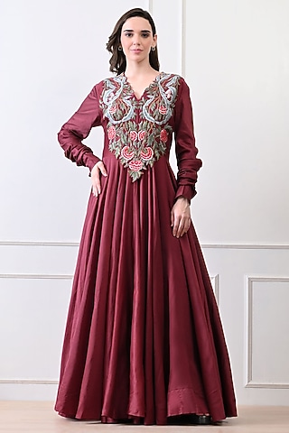 Maroon Chanderi Floral Embroidered Anarkali by Samant Chauhan