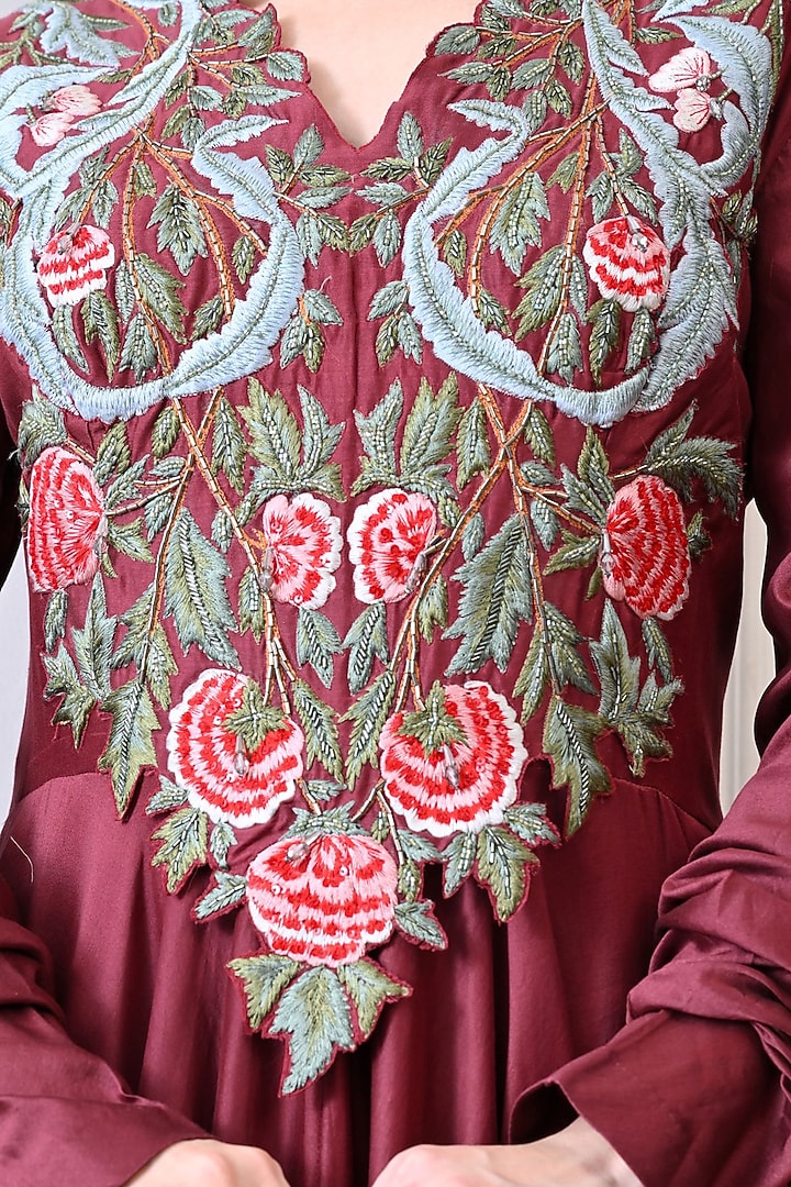 Maroon Chanderi Floral Embroidered Wedding Anarkali by Samant Chauhan at Pernia's Pop Up Shop