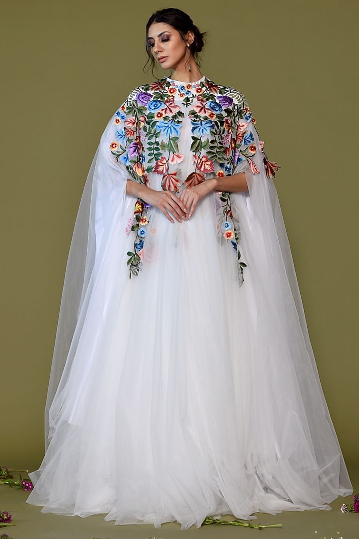 Off-White Net & Cotton Embroidered Cape Engagement Gown by Samant Chauhan at Pernia's Pop Up Shop