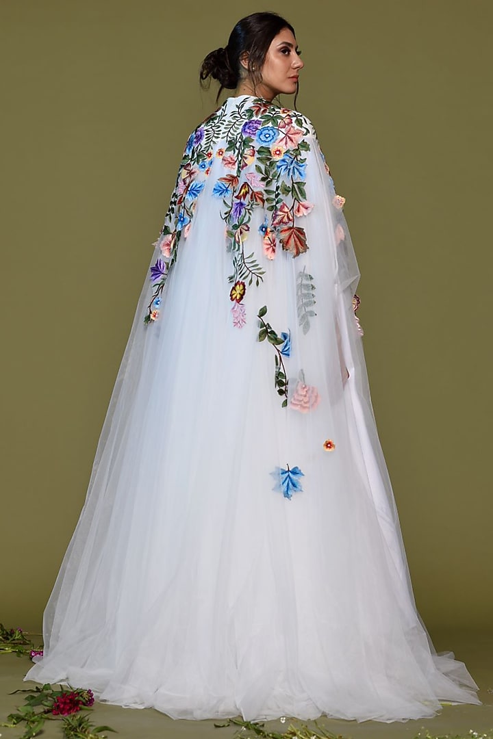 Off-White Net & Cotton Embroidered Cape Engagement Gown by Samant Chauhan at Pernia's Pop Up Shop