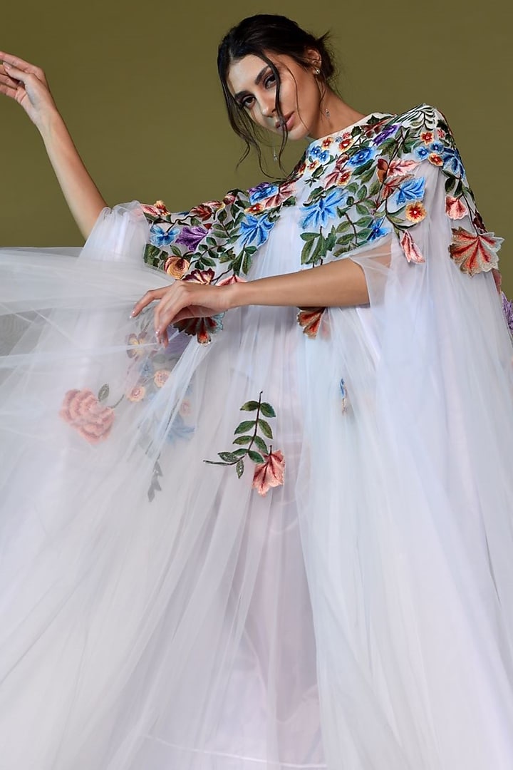 Off-White Net & Cotton Embroidered Cape Engagement Gown by Samant Chauhan at Pernia's Pop Up Shop
