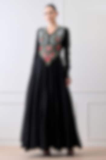 Black Chanderi Floral Embroidered Wedding Anarkali by Samant Chauhan at Pernia's Pop Up Shop