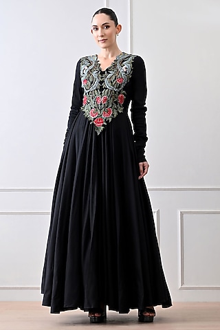 Black Chanderi Floral Embroidered Anarkali by Samant Chauhan