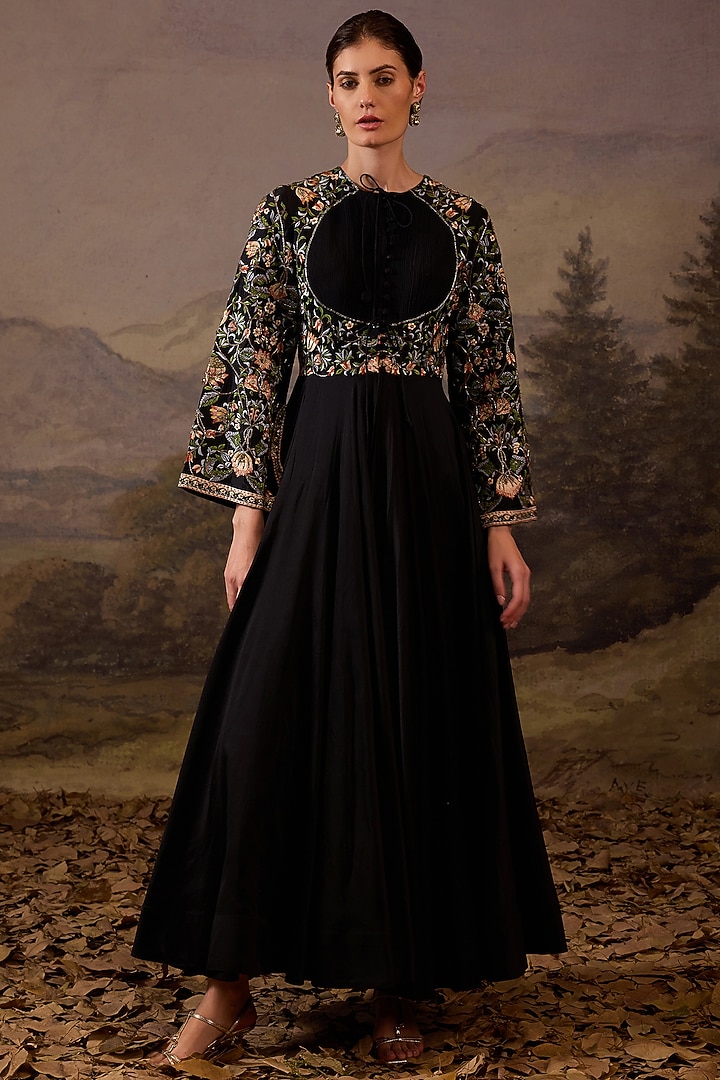 Black Cotton Silk Embroidered Engagement Gown by Samant Chauhan at Pernia's Pop Up Shop