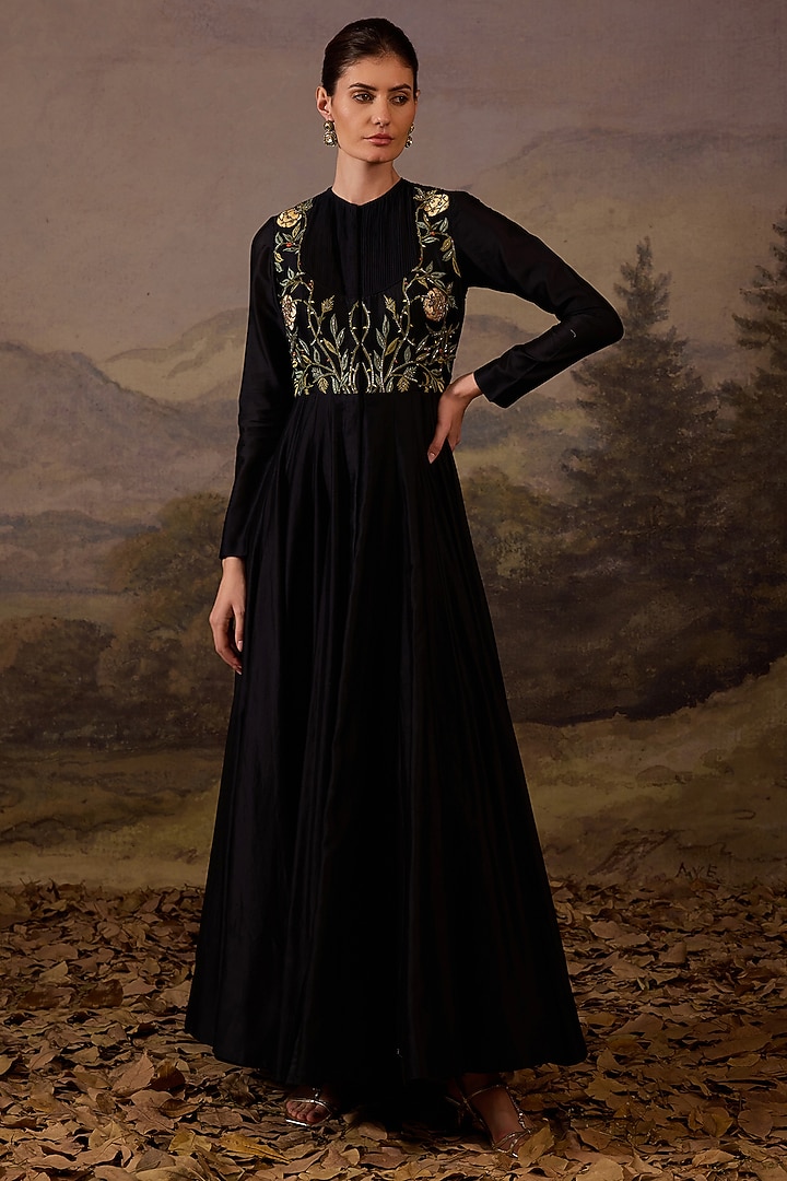 Black Cotton Silk Embroidered Engagement Gown by Samant Chauhan at Pernia's Pop Up Shop