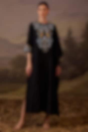Black Cotton Silk Embroidered Kaftan Dress by Samant Chauhan at Pernia's Pop Up Shop