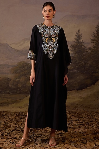 Black Cotton Silk Embroidered Kaftan Dress by Samant Chauhan