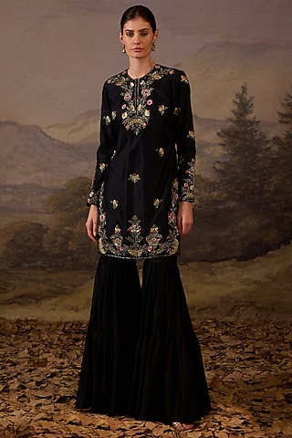 Black Cotton Silk Gharara Set by Samant Chauhan